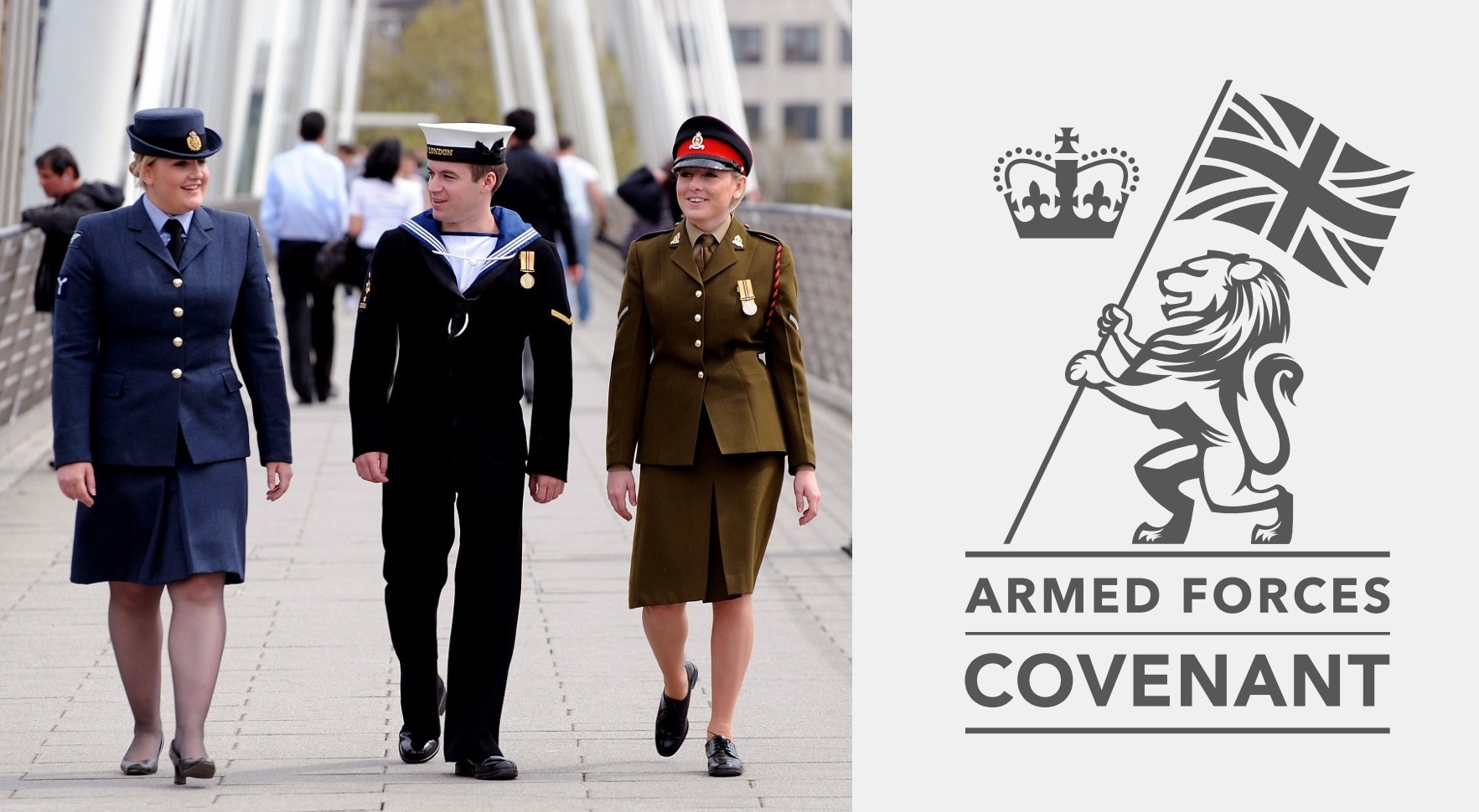 Forces personnel walking across bridge and the Armed Forces Covenant logo