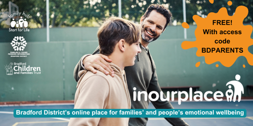 Image shows a photo of dad and teenage son walking through a sports area. The image includes the In Our Place logo, and logos for Family Hubs and Start for Life, FYI website and Bradford Children and Families Trust. The caption reads ‘Bradford District’s online place for families’ and people’s emotional wellbeing’