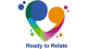 Logo for ready to relate , a colourful heart which also depicts a parent and a baby