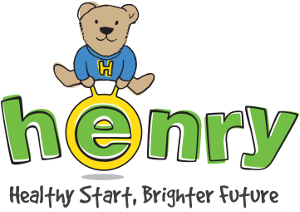 Image of a bear and logo for HENRY - healthy start, brighter future