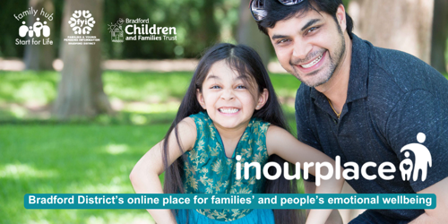 Image shows a photo of a dad and daughter outside in the park. The image includes the In Our Place logo, and logos for Family Hubs and Start for Life, FYI website and Bradford Children and Families Trust. The caption reads ‘Bradford District’s online place for families’ and people’s emotional wellbeing’